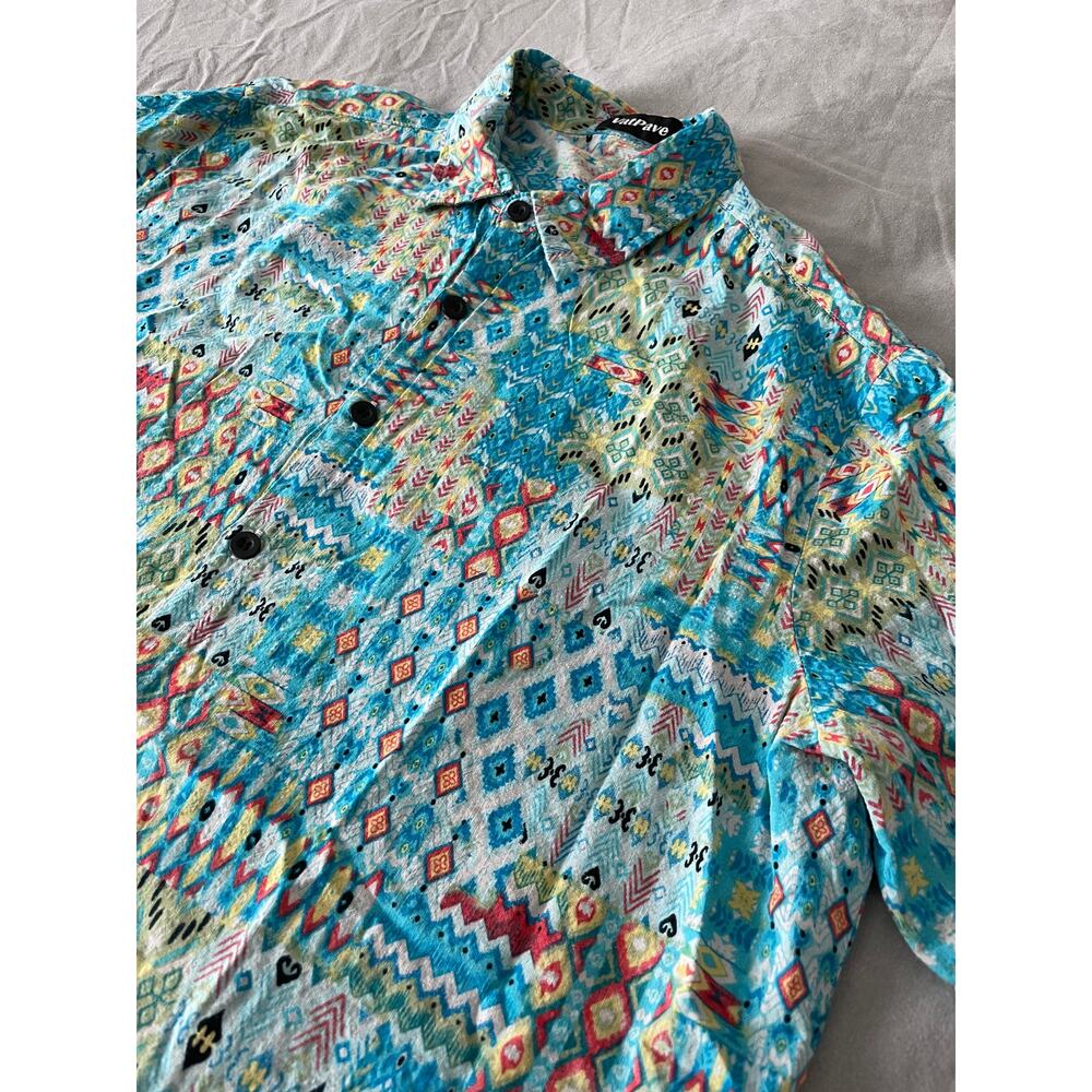 Vat Pave Abstract print Button Up Short Sleeve Top SZ L Cotton Blend - Picture 2 of 9